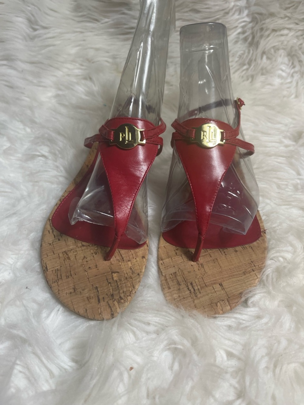 Lauren Ralph Lauren Leather Red T-Strap Cork Footbed Sandals SZ7.5